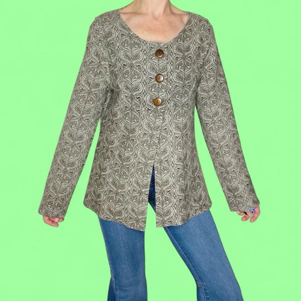 Isis Grey Abstract Half Button Wool Bohemian Cardigan Sweater